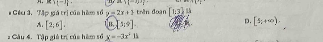 R∩  -1 , R∩  -1;1 (^x)
* Câu 3. Tập giá trị của hàm số y=2x+3 trên đoạn [1:3] là
A. [2;6]. [5;9]. 
B.
D. [5;+∈fty ). 
* Câu 4. Tập giá trị của hàm số y=-3x^2 là