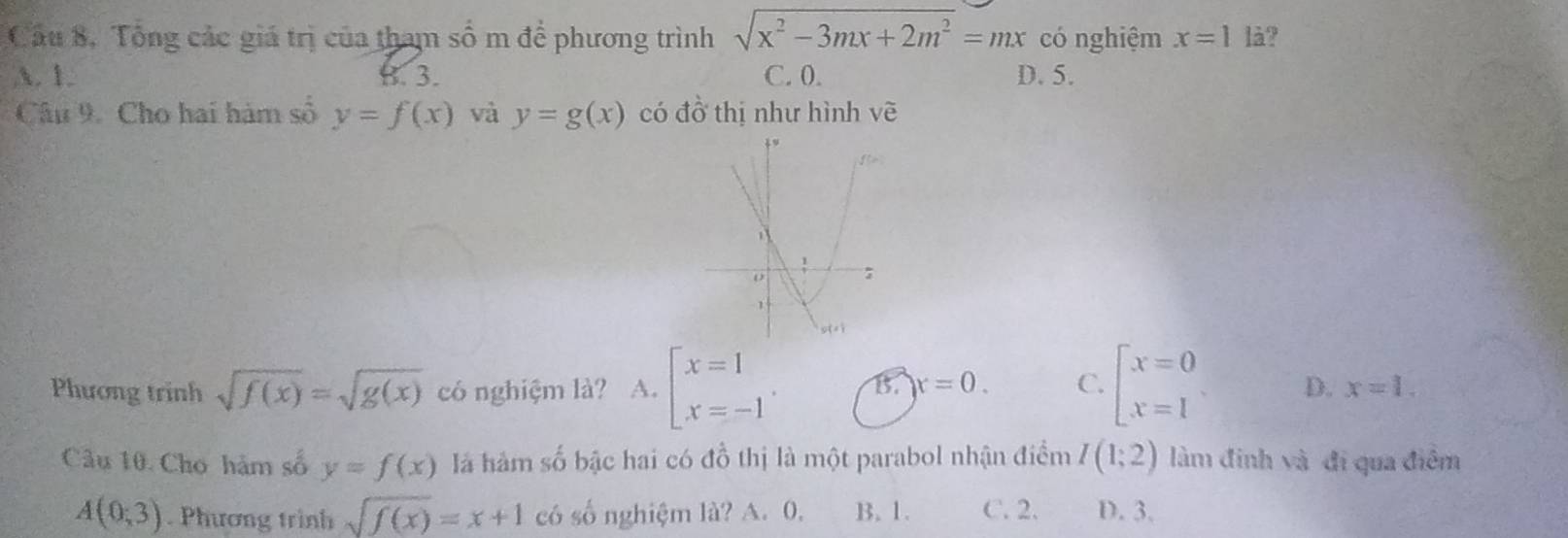 Cầu 8, Tổng các giá trị của tham số m để phương trình sqrt(x^2-3mx+2m^2)=mx có nghiệm x=1 là?
A. 1. B. 3. C. 0. D. 5.
Câu 9. Cho hai hàm số y=f(x) và y=g(x) có đồ thị như hình vẽ
Phương trinh sqrt(f(x))=sqrt(g(x)) có nghiệm là? A. beginarrayl x=1 x=-1endarray. . B. x=0. C. beginarrayl x=0 x=1endarray. D. x=1.
Câu 10. Cho hàm số y=f(x) là hàm số bậc hai có đồ thị là một parabol nhận điểm I(1;2) làm đinh và đi qua điểm
A(0,3). Phương trình sqrt(f(x))=x+1 có số nghiệm là? A. 0. B. 1. C. 2. D. 3.