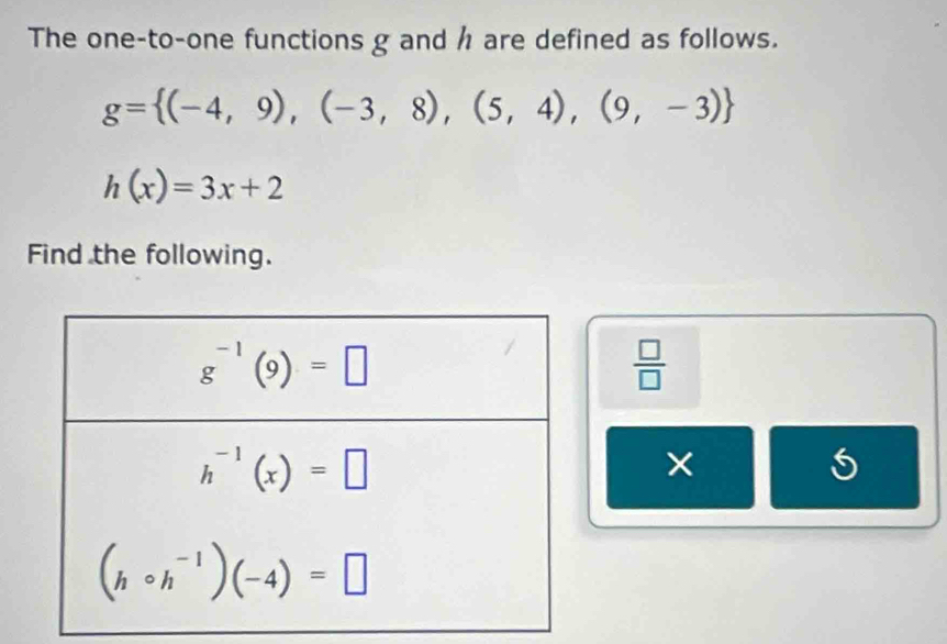 The one-to-one functions g and h are defined as follows.
g= (-4,9),(-3,8),(5,4),(9,-3)
h(x)=3x+2
Find the following.
 □ /□  
×