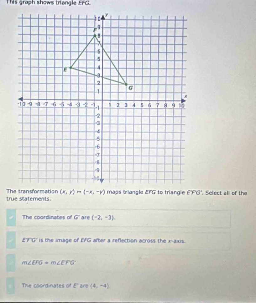 This graph shows triangle EFG.
true statements.
The coordinates of G' are (-2,-3).
ETG is the image of EFG after a reflection across the x-axis.
m∠ EFG=m∠ EFG
The coordinates of E' are (4,-4)