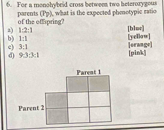 For a monohybrid cross between two heterozygous 
parents (Pp), what is the expected phenotypic ratio 
of the offspring? 
a) 1:2:1 [blue] 
b) 1:1 [yellow] 
c) 3:1 [orange] 
d) 9:3:3:1 [pink] 
Parent 1 
Parent 2