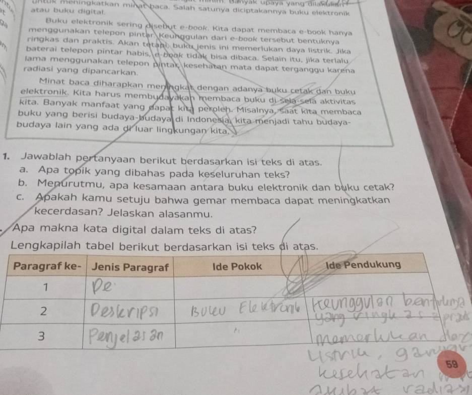 im. Banyak upaya yang dilakukn 
nt untuk meningkatkan minat baca. Salah satunya diciptakannya buku elektronik 
atau buku digital. 
Buku elektronik sering disebut e-book. Kita dapat membaca e-book hanya 
menggunakan telepon pintar Keunggulan dari e-book tersebut bentuknya 
ringkas dan praktis. Akan tetani, buku jenis ini memerlukan daya listrik. Jika 
baterai telepon pintar habis, e book tidak bisa dibaca. Selain itu, jika terlalu 
lama menggunakan telepon pintak kesehatan mata dapat terganggu karena 
radiasi yang dipancarkan. 
Minat baca diharapkan meningkat dengan adanya buku cetak dan buku 
elektronik. Kita harus membudayakan membaca buku di sela-sela aktivitas 
kita. Banyak manfaat yang dapat kita peroleh. Misalnya, saat kita membaca 
buku yang berisi budaya-budaya di Indonesia, kita menjadi tahu budaya- 
budaya lain yang ada di luar lingkungan kita. 
1. Jawablah pertanyaan berikut berdasarkan isi teks di atas. 
a. Apa topik yang dibahas pada keseluruhan teks? 
b. Menurutmu, apa kesamaan antara buku elektronik dan buku cetak? 
c. Apakah kamu setuju bahwa gemar membaca dapat meningkatkan 
kecerdasan? Jelaskan alasanmu. 
Apa makna kata digital dalam teks di atas? 
Lengkapilah tabel berikut berdasarkan isi teks di atas. 
59