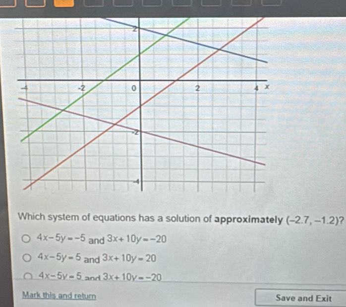 Which system of equations has a solution of approximately (-2.7,-1.2) ?
4x-5y=-5 and 3x+10y=-20
4x-5y=5 and 3x+10y=20
4x-5y=5 and 3x+10y=-20
Mark this and return Save and Exit