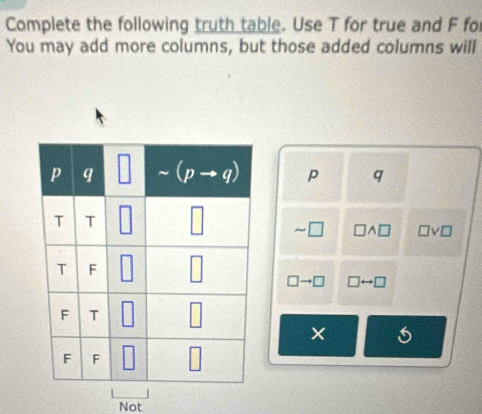 Complete the following truth table. Use T for true and F fo
You may add more columns, but those added columns will
p q
□ wedge □ vD
□
×
Not