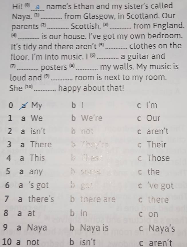 Hi! ●__a name’s Ethan and my sister’s called
Naya. (_ from Glasgow, in Scotland. Our
parents ²_ Scottish. ⑶ _from England.
(4)_ is our house. I've got my own bedroom.
It's tidy and there aren’t ⑸_ clothes on the
floor. I’m into music. . |(6) _a guitar and
(7)_ posters (8) _my walls. My music is
loud and _room is next to my room.
She (10)_ happy about that!
0 a My b l c l'm
1 a We b We're c Our
2 a isn't b not c aren't
3 a There b They'ra c Their
4 a This b These c Those
5 a any b core c the
6 a 's got b gou c 've got
7 a there's b there are c there
8 a at b in c on
9 a Naya b Naya is c Naya's
10 a not b isn't c aren't