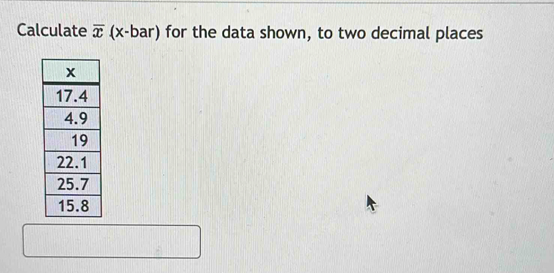 Calculate overline x (x -bar) for the data shown, to two decimal places