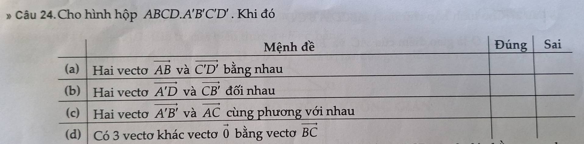 Câu 24.Cho hình hộp ABCD.A'B'C'D' . Khi đó