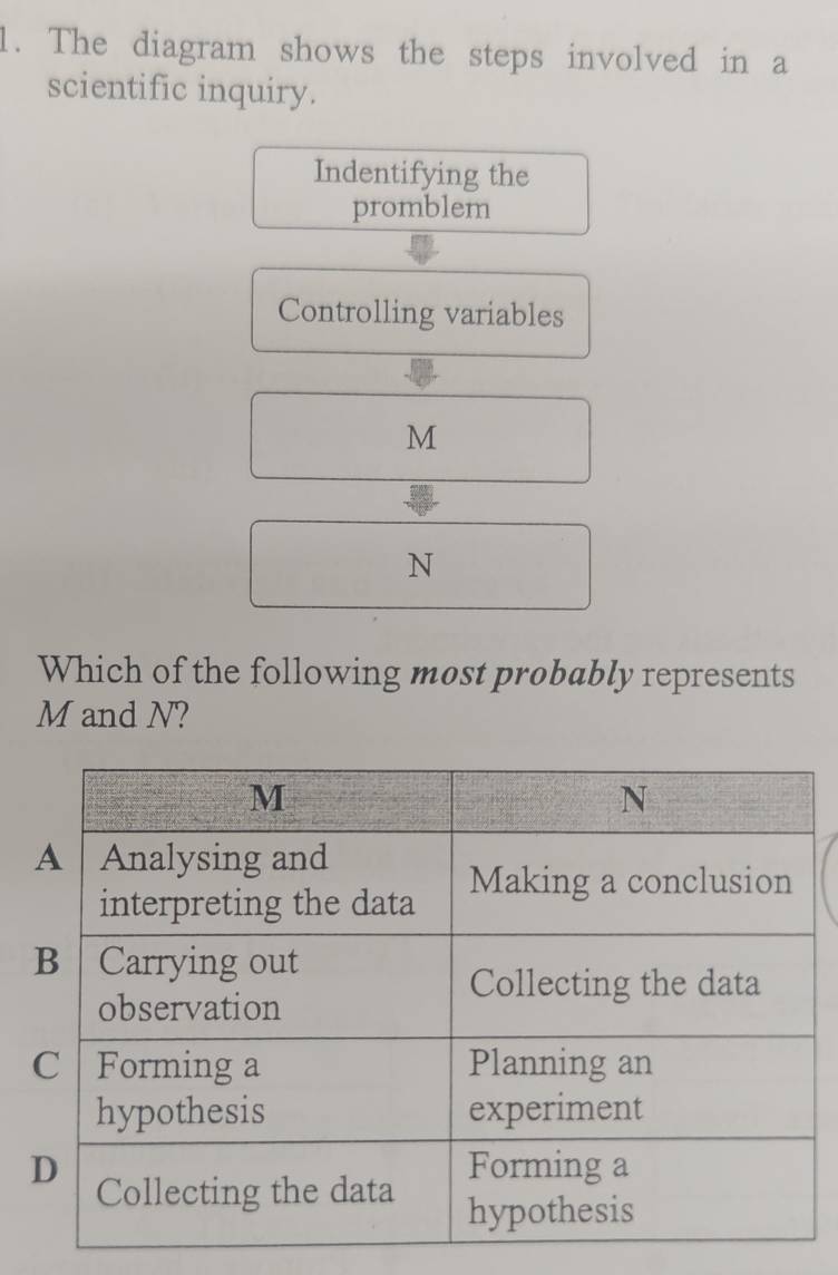 The diagram shows the steps involved in a 
scientific inquiry. 
Indentifying the 
promblem 
Controlling variables
M
N
Which of the following most probably represents
M and N?