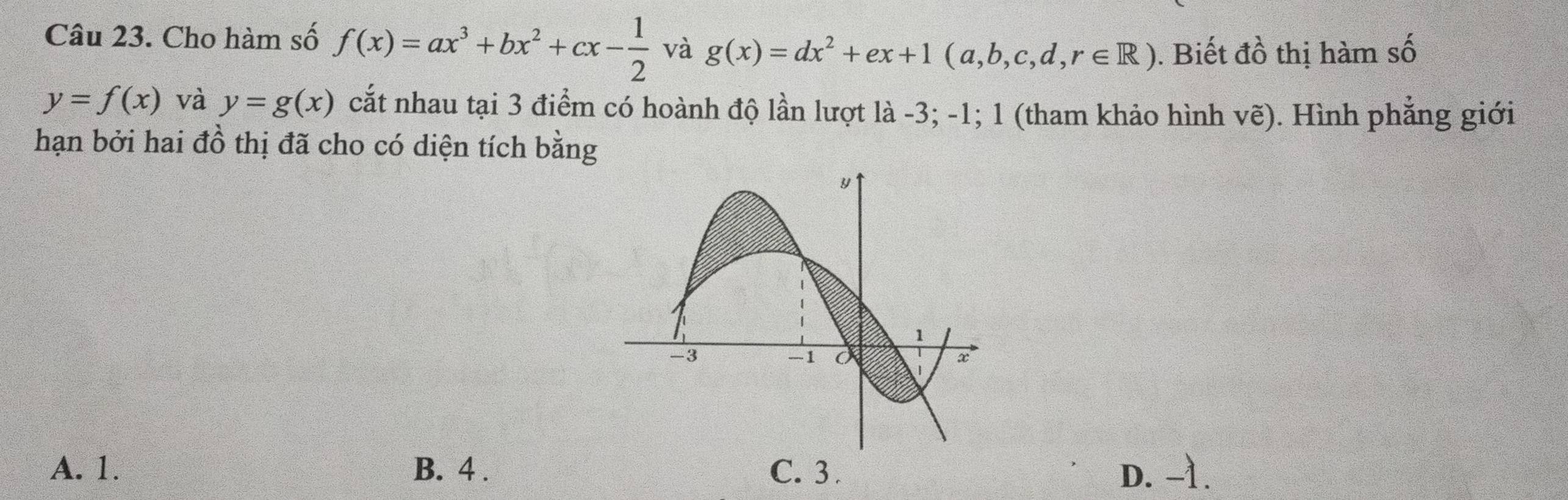 Cho hàm số f(x)=ax^3+bx^2+cx- 1/2  và g(x)=dx^2+ex+1(a,b,c,d,r∈ R). Biết đồ thị hàm số
y=f(x) và y=g(x) cắt nhau tại 3 điểm có hoành độ lần lượt là -3; -1; 1 (tham khảo hình vẽ). Hình phẳng giới
hạn bởi hai đồ thị đã cho có diện tích bằng
A. 1. B. 4. C. 3. D. -1.