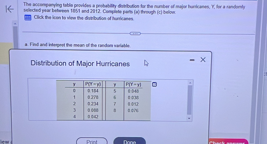 The accompanying table provides a probability distribution for the number of major hurricanes, Y, for a randomly
selected year between 1851 and 2012. Complete parts (a) through (c) below.
==: Click the icon to view the distribution of hurricanes.
a. Find and interpret the mean of the random variable.
Distribution of Major Hurricanes
^
iew Print Done