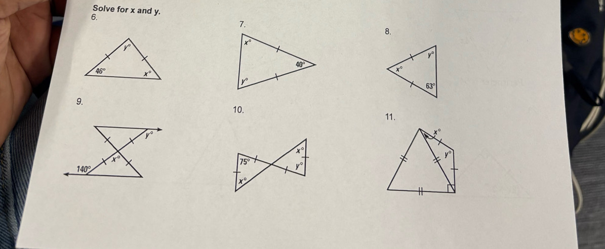 Solve for x and y.
6.
7.
8.
9. 10.
11.