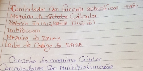 Computadar Om funcoor eskecificas sao: 
Maguing do Colcular 
Rehgin To i0 G BAí DiGin) 
Impressaid 
Moquing do P0IKx 
Lentor do Codigo do BASA 
Ooncerto do maguing Cocular 
Comburadores Cam Nulti Plafuncoce