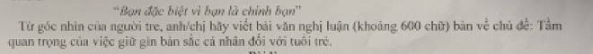 ''Bạn đặc biệt vì bạn là chính bạn'' 
Từ góc nhìn của người tre, anh/chị hãy viết bài văn nghị luận (khoảng 600 chữ) bản voverline overline C chú đề: Tầm 
quan trọng của việc giữ gìn bản sắc cá nhân đổi với tuổi trẻ.