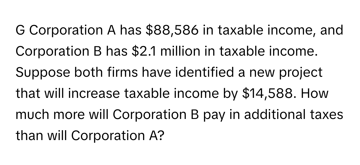 Corporation A has $88,586 in taxable income, and Corporation B has $2.1 million in taxable income. Suppose both firms have identified a new project that will increase taxable income by $14,588. How much more will Corporation B pay in additional taxes than will Corporation A?