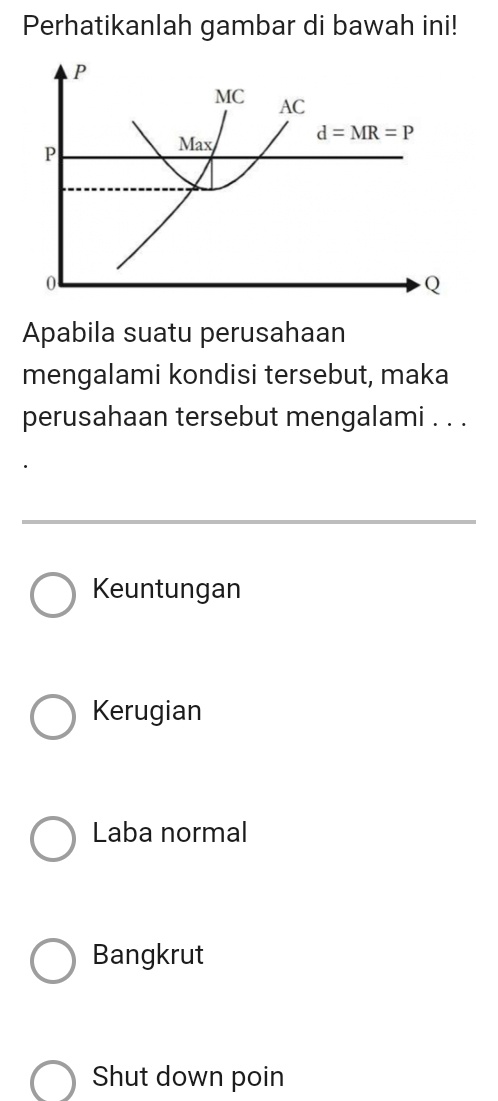 Perhatikanlah gambar di bawah ini!
Apabila suatu perusahaan
mengalami kondisi tersebut, maka
perusahaan tersebut mengalami . . .
Keuntungan
Kerugian
Laba normal
Bangkrut
Shut down poin