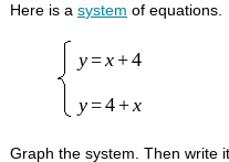 Here is a system of equations.
beginarrayl y=x+4 y=4+xendarray.
Graph the system. Then write i