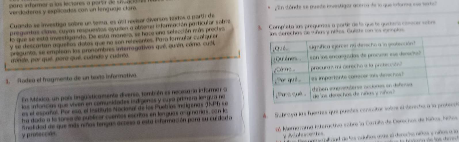 para informar a los lectores a partir de situació nes 
verdaderos y explicados con un lenguaje claro. ¿En dónde se puede investigar acerca de lo que informa ese texto? 
Cuando se investiga sobre un tema, es útil revisar diversos textos a partir de 
3. Completa las preguntas a partir de lo que te gustaría conocer sobre 
preguntas clave, cuyas respuestas ayuden a obtener información particular sobre 
con los ejemplos. 
lo que se está investigando. De esta manera, se hace una selección más precisa 
y se descartan aquellos datos que no son relevantes. Para formular cualquier 
pregunta, se emplean los pronombres interrogativos qué, quién, cómo, cuál, 
dónde, por qué, para qué, cuándo y cuánto, 
1. Rodea el fragmento de un texto informativo. 
En México, un país lingüísticamente diverso, también es necesario informar a 
las infancias que viven en comunidades indígenas y cuya primera lengua no 
es el español. Por eso, el Instituto Nacional de los Pueblos Indígenas (INPI) se 
ha dado a la tarea de publicar cuentos escritos en lenguas originarías, con la 
finalidad de que más niños tengan acceso a esta información para su cuidado 4. Subraya las fuentes que puedes consultar sobre el derechoió 
a) Memorama interactivo sobre la Cartilla de Derechos de Niñas, Niños 
y protección. 
y Adolescentes 
= Respansabilidad de los adultos ante el derecho niñas y niños a la