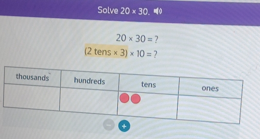 Solve 20* 30.
20* 30= 7
(2 tens * 3)* 10= ?