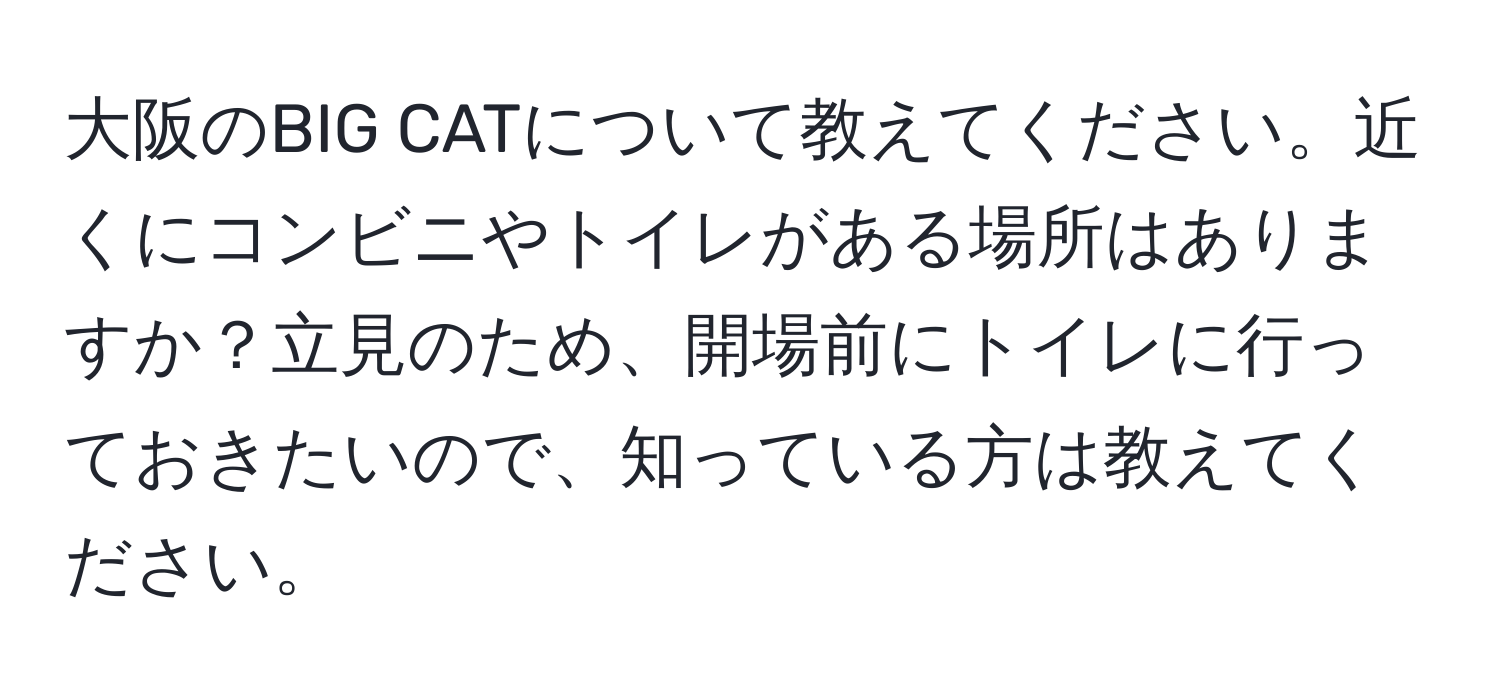 大阪のBIG CATについて教えてください。近くにコンビニやトイレがある場所はありますか？立見のため、開場前にトイレに行っておきたいので、知っている方は教えてください。