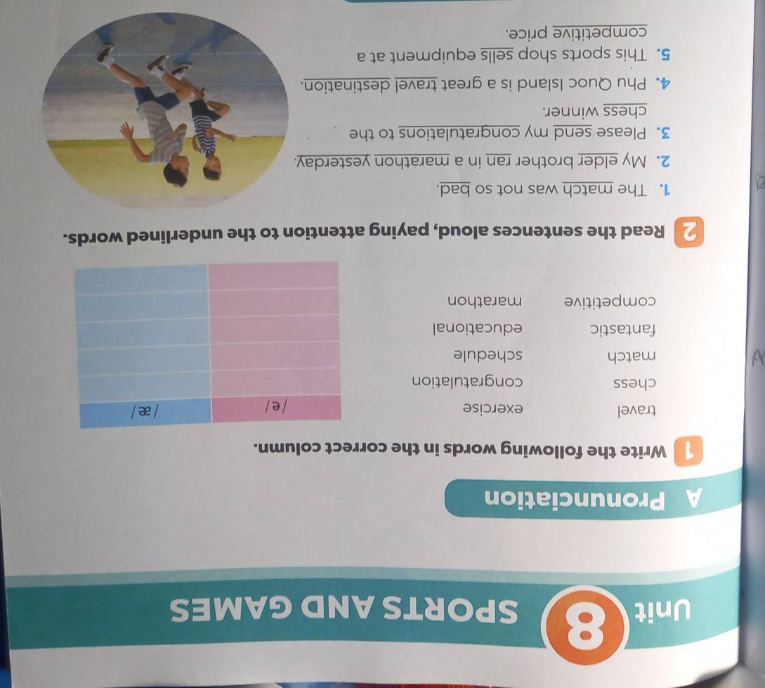 SPORTS AND GAMES
A Pronunciation
Write the following words in the correct column.
travel exercise
chess congratulation
match schedule
fantastic educational
competitive marathon
2 Read the sentences aloud, paying attention to the underlined words.
1. The match was not so bad.
2. My elder brother ran in a marathon yesterda
3. Please send my congratulations to the
chess winner.
4. Phu Quoc Island is a great travel destination.
5. This sports shop sells equipment at a
competitive price.