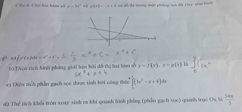 Cho hai hàm số y=3x^2 và g(x)=-x+4 có đồ thị trong mặt phẳng tọa độ Oxy như hình 
a) ∈t f(x)dx=x^3+C
b) Diện tích hình phẳng giới hạn bởi đồ thị hai hàm số y=f(x), y=g(x) là 
c) Diện tích phần gạch sọc được tính bởi công thức ∈tlimits _0^(1(3x^2)-x+4)dx
d) Thể tích khối tròn xoay sinh ra khi quanh hình phẳng (phần gạch sọc) quanh trục Ox là  54π /5 