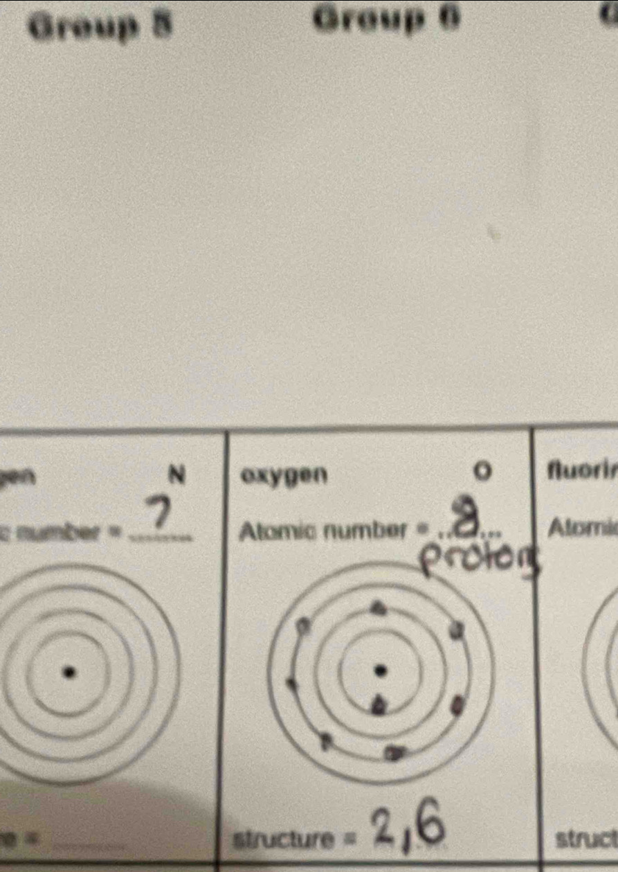 Group 5 Group 6 ( 
N oxygen fluori 
7 
c number = _Atomic number = _Alomi
e= _structure = struct