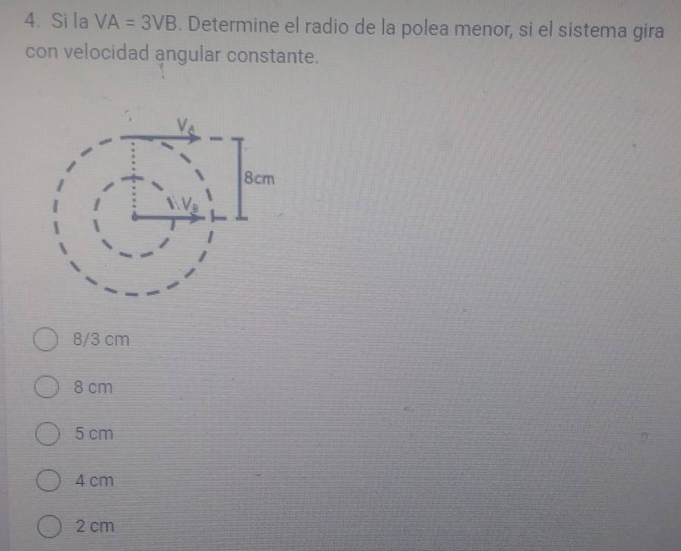 Si la VA=3VB. Determine el radio de la polea menor, si el sistema gira
con velocidad angular constante.
8/3 cm
8 cm
5 cm
4 cm
2 cm