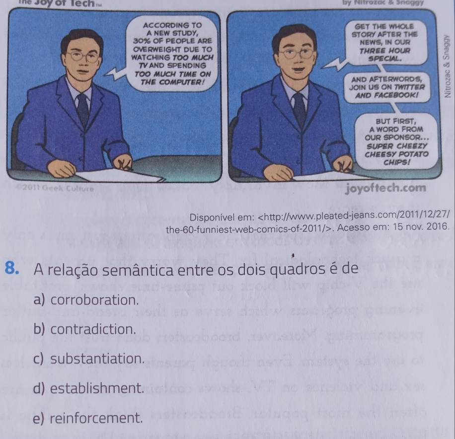 Te Joy of lech by Nitrozac & Snaggy
Disponível em:. Acesso em: 15 nov. 2016.
8. A relação semântica entre os dois quadros é de
a) corroboration.
b) contradiction.
c) substantiation.
d) establishment.
e) reinforcement.