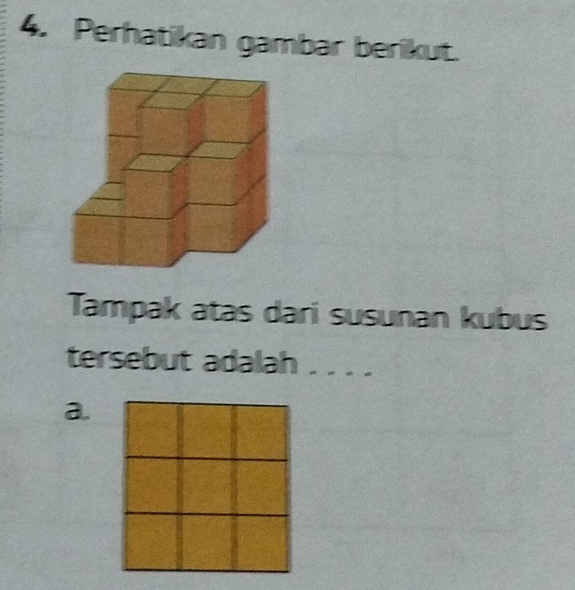 Perhatikan gambar berikut.
Tampak atas dari susunan kubus
tersebut adalah ____
a.