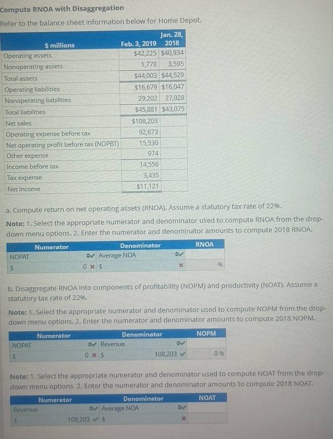 Compute RNOA with Disaggregation
Refer to the balance sheet information below for Home Depot.
Op
N
To
O
N
To
N
O
N
O
I
T
N
a. Compute return on net operating assets (RNOA). Assume a statutory tax rate of 22%.
Note: 1. Select the appropriate numerator and denominator used to compute RNOA from the drop-
down menu options. 2. Enter the numerator and denominator amounts to compute 2018 RNOA.
b. Disaggregate RNOA into components of profitability (NOPM) and productivity (NOAT). Assume a
statutory tax rate of 22%.
Note: 1. Select the appropriate numerator and denominator used to compute NOPM from the drop-
down menu options. 2. Enter the numerator and denominator amounts to compute 2018 NOPM.
Note: 1. Select the appropriate numerator and denominator used to compute NOAT from the drop-
down menu options. 2. Enter the numerator and denominator amounts to compute 2018 NOAT.