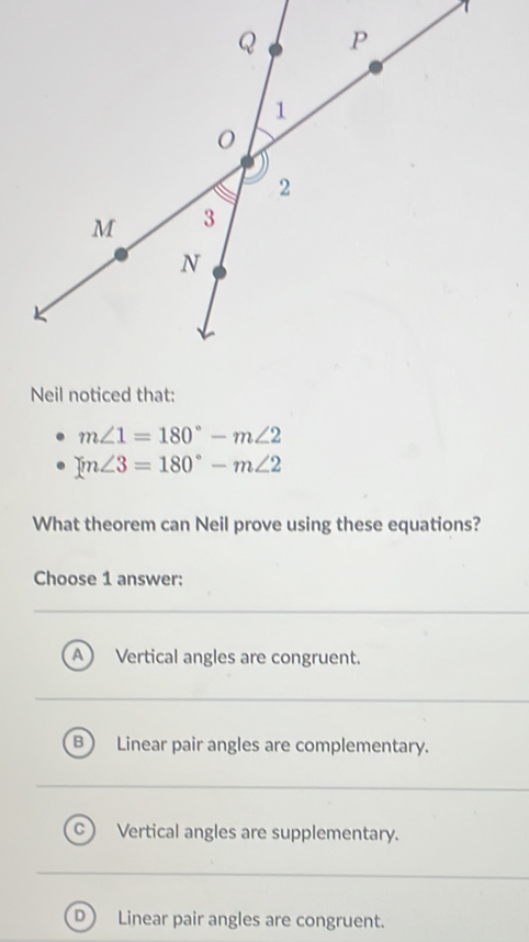 Neil noticed that:
m∠ 1=180°-m∠ 2
m∠ 3=180°-m∠ 2
What theorem can Neil prove using these equations?
Choose 1 answer:
A Vertical angles are congruent.
B Linear pair angles are complementary.
C Vertical angles are supplementary.
D Linear pair angles are congruent.