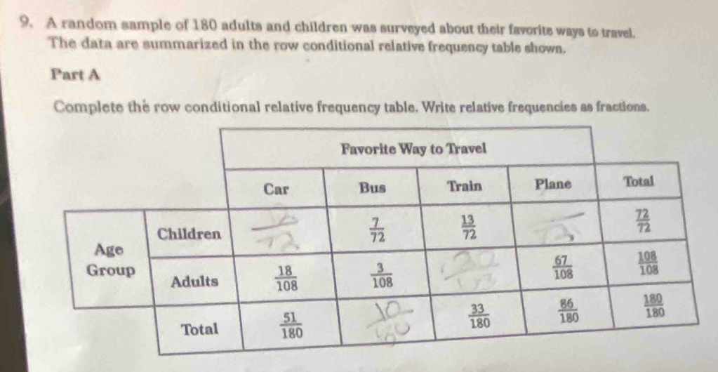 A random sample of 180 adults and children was surveyed about their favorite ways to travel.
The data are summarized in the row conditional relative frequency table shown.
Part A
Complete the row conditional relative frequency table. Write relative frequencies as fractions.