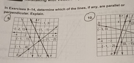 In Exercises 9-14, determine which of the lines, if any, are parallel or
perpendicular. Explain.
10.
(2
2
(0,-1)