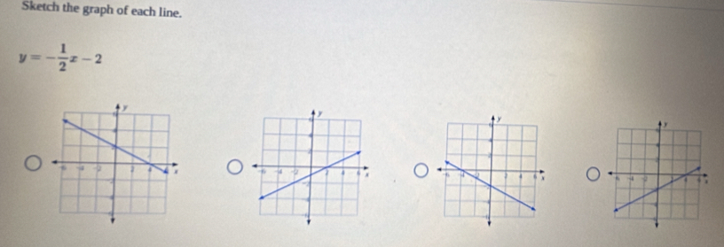 Sketch the graph of each line.
y=- 1/2 x-2