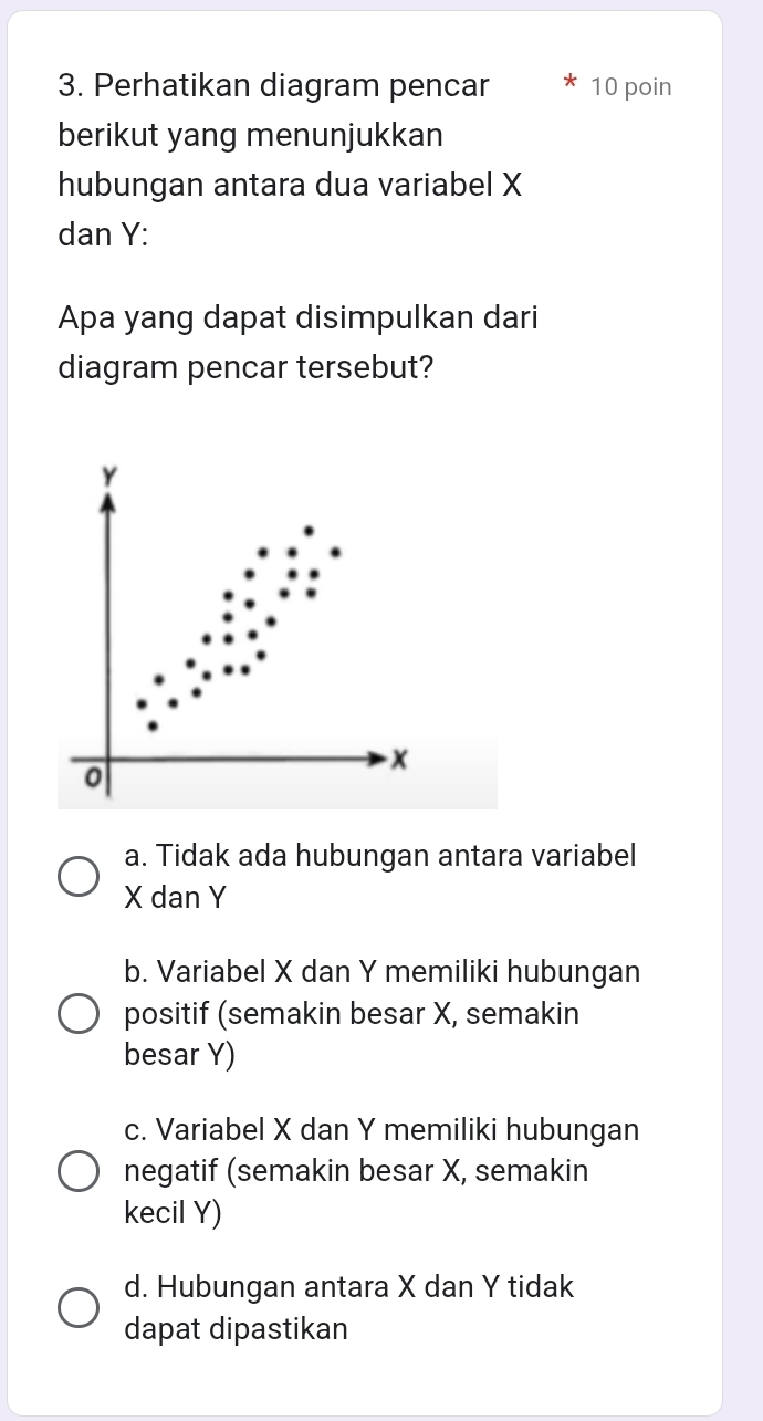 Perhatikan diagram pencar 10 poin
berikut yang menunjukkan
hubungan antara dua variabel X
dan Y :
Apa yang dapat disimpulkan dari
diagram pencar tersebut?
Y
0
x
a. Tidak ada hubungan antara variabel
X dan Y
b. Variabel X dan Y memiliki hubungan
positif (semakin besar X, semakin
besar Y)
c. Variabel X dan Y memiliki hubungan
negatif (semakin besar X, semakin
kecil Y)
d. Hubungan antara X dan Y tidak
dapat dipastikan