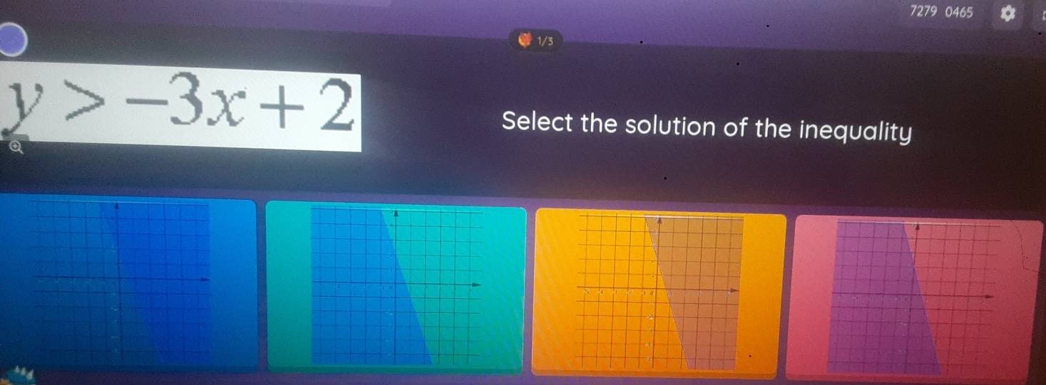 7279 0465 a 
1/3
y>-3x+2
Select the solution of the inequality 
Q