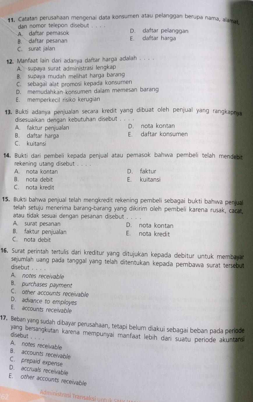 Catatan perusahaan mengenai data konsumen atau pelanggan berupa nama, alamat
dan nomor telepon disebut . . . .
A. daftar pemasok
D. daftar pelanggan
B. daftar pesanan
E. daftar harga
C. surat jalan
12. Manfaat lain dari adanya daftar harga adalah . . . .
A. supaya surat administrasi lengkap
B. supaya mudah melihat harga barang
C. sebagai alat promosi kepada konsumen
D. memudahkan konsumen dalam memesan barang
E. memperkecil risiko kerugian
13. Bukti adanya penjualan secara kredit yang dibuat oleh penjual yang rangkapnya
disesuaikan dengan kebutuhan disebut . . . .
A. faktur penjualan D. nota kontan
B. daftar harga E. daftar konsumen
C. kuitansi
14. Bukti dari pembeli kepada penjual atau pemasok bahwa pembeli telah mendebit
rekening utang disebut . . . .
A. nota kontan D. faktur
B. nota debit E. kuitansi
C. nota kredit
15. Bukti bahwa penjual telah mengkredit rekening pembeli sebagai bukti bahwa penjual
telah setuju menerima barang-barang yang dikirim oleh pembeli karena rusak, cacat,
atau tidak sesuai dengan pesanan disebut . .
A. surat pesanan D. nota kontan
B. faktur penjualan E. nota kredit
C. nota debit
16. Surat perintah tertulis dari kreditur yang ditujukan kepada debitur untuk membayar
sejumlah uang pada tanggal yang telah ditentukan kepada pembawa surat tersebut
disebut . . .
A. notes receivable
B. purchases payment
C. other accounts receivable
D. advance to employes
E. accounts receivable
17. Beban yang sudah dibayar perusahaan, tetapi belum diakui sebagai beban pada periode
yang bersangkutan karena mempunyai manfaat lebih dari suatu periode akuntansi
disebut
A. notes receivable
B. accounts receivable
C. prepaid expense
D. accruals receivable
E. other accounts receivable
Administrasi Transaksi un t k S M