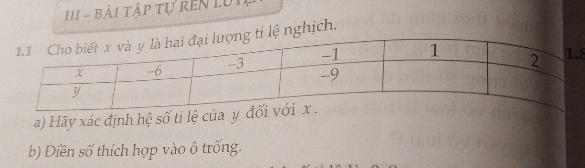 III - BàI tập tự rEN LUI 
tỉ lệ nghịch. 
8 
a) Hãy xác định hệ số tỉ lệ của y
b) Điền số thích hợp vào ô trống.