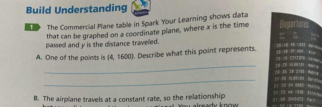 Build Understanding TIVITY 
> The Commercial Plane table in Spark Your Learning shows data 
that can be graphed on a coordinate plane, where x is the time Departures 
passed and y is the distance traveled. 
20:10 X6 1033 Barcelt 
A. One of the points is (4, 1600). Describe what this point represents. 20:10 TP 404 Nice 
Z0:15 EZY2370 London/L 
_Z0 ZS VL66101 Madrid 
20:35 I8 3105 Madrid 
_21:05 VL65103 Barcelom 
21:20 54 8685 Madeira 
Z1:Z5 WW 1646 Bireingh 
B. The airplane travels at a constant rate, so the relationship 21:50 JKK9423 Farn 
l Y awalready know