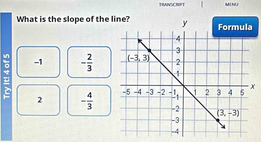 TRANSCRIPT | MENU
What is the slope of the l
-1
- 2/3 
2
- 4/3 