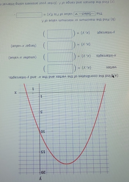 y
(a) x - and y-intercepts. 
vertex (x,y)= (□ )
x-intercepts (x,y)=(□ ) (smaller x -value)
(x,y)=(□ ) (larger x -value) 
y-intercept (x,y)=(□ )
(b) Find the maximum or minimum value of f. 
The =-=Select value of f is f(x)=□. 
(c) Find the domain and range of f. (Enter your answers using interval n