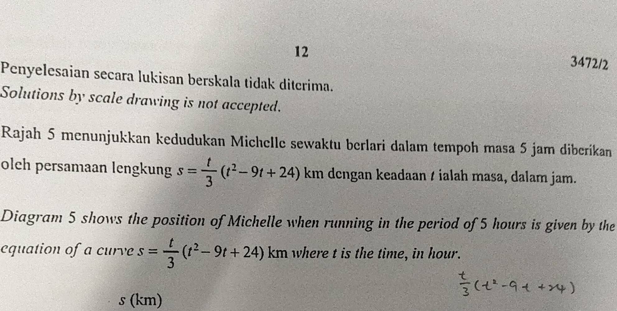 12 
347212 
Penyelesaian secara lukisan berskala tidak ditcrima. 
Solutions by scale drawing is not accepted. 
Rajah 5 menunjukkan kedudukan Michelle sewaktu berlari dalam tempoh masa 5 jam diberikan 
olch persamaan lengkung s= t/3 (t^2-9t+24) km dcngan keadaan t ialah masa, dalam jam. 
Diagram 5 shows the position of Michelle when running in the period of 5 hours is given by the 
equation of a curve s= t/3 (t^2-9t+24) km where t is the time, in hour.
s (km)