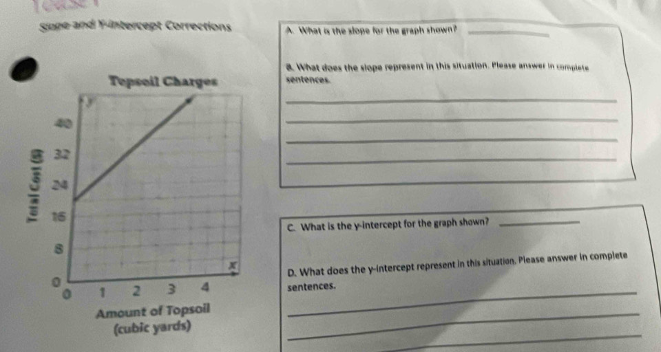 sipge and Y-intercept Corrections A. What is the slope for the graph shown?_ 
a. What does the siope represent in this situation. Please answer in complete 
sentences. 
_ 
_ 
_ 
_ 
C. What is the y-intercept for the graph shown?_ 
D. What does the y-Intercept represent in this situation. Please answer in complete 
sentences. 
_ 
_