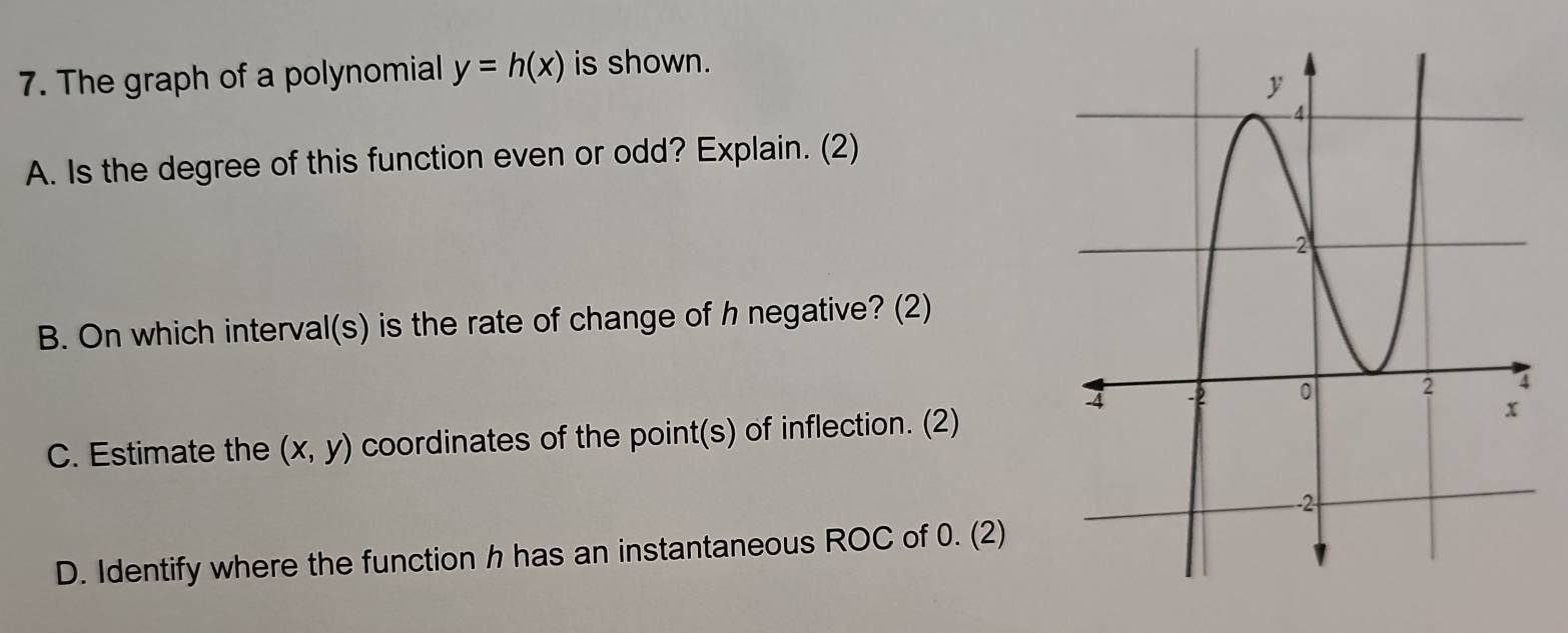 The graph of a polynomial y=h(x) is shown.
A. Is the degree of this function even or odd? Explain. (2)
B. On which interval(s) is the rate of change of h negative? (2)
C. Estimate the (x,y) coordinates of the point(s) of inflection. (2)
D. Identify where the function h has an instantaneous ROC of 0. (2)