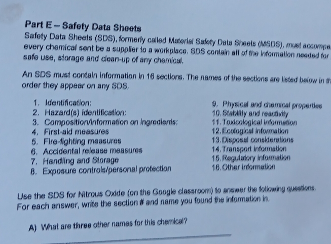 Solved: Safety Data Sheets Safety Data Sheets (SDS), formerly called ...