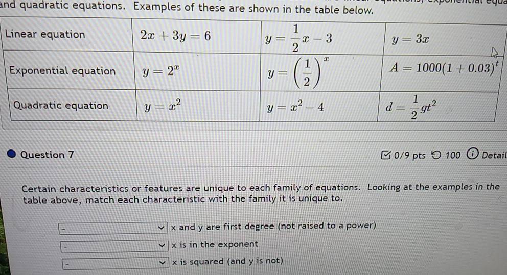 and quadratic equations. Examples of these are shown in the table below.
Question 7 □ 0/9 pts つ 100 Detail
Certain characteristics or features are unique to each family of equations. Looking at the examples in the
table above, match each characteristic with the family it is unique to.
x and y are first degree (not raised to a power)
x is in the exponent
-
x is squared (and y is not)