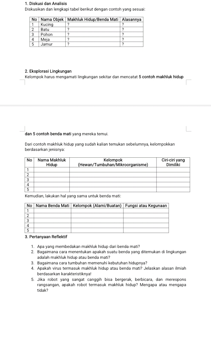 Diskusi dan Analisis 
Diskusikan dan lengkapi tabel berikut dengan contoh yang sesuai: 
2. Eksplorasi Lingkungan 
Kelompok harus mengamati lingkungan sekitar dan mencatat 5 contoh makhluk hidup 
dan 5 contoh benda mati yang mereka temui. 
Dari contoh makhluk hidup yang sudah kalian temukan sebelumnya, kelompokkan 
berdasarkan jenisnya: 
Kemudian, lakukan hal yang sama untuk benda mati: 
3. Pertanyaan Reflektif 
1. Apa yang membedakan makhluk hidup dari benda mati? 
2. Bagaimana cara menentukan apakah suatu benda yang ditemukan di lingkungan 
adalah makhluk hidup atau benda mati? 
3. Bagaimana cara tumbuhan memenuhi kebutuhan hidupnya? 
4. Apakah virus termasuk makhluk hidup atau benda mati? Jelaskan alasan ilmiah 
berdasarkan karakteristiknya! 
5. Jika robot yang sangat canggih bisa bergerak, berbicara, dan merespons 
rangsangan, apakah robot termasuk makhluk hidup? Mengapa atau mengapa 
tidak?