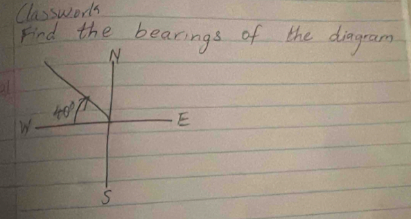 Classworts 
Find the bearings of the diagram 
N 
at
40°
W
E
S