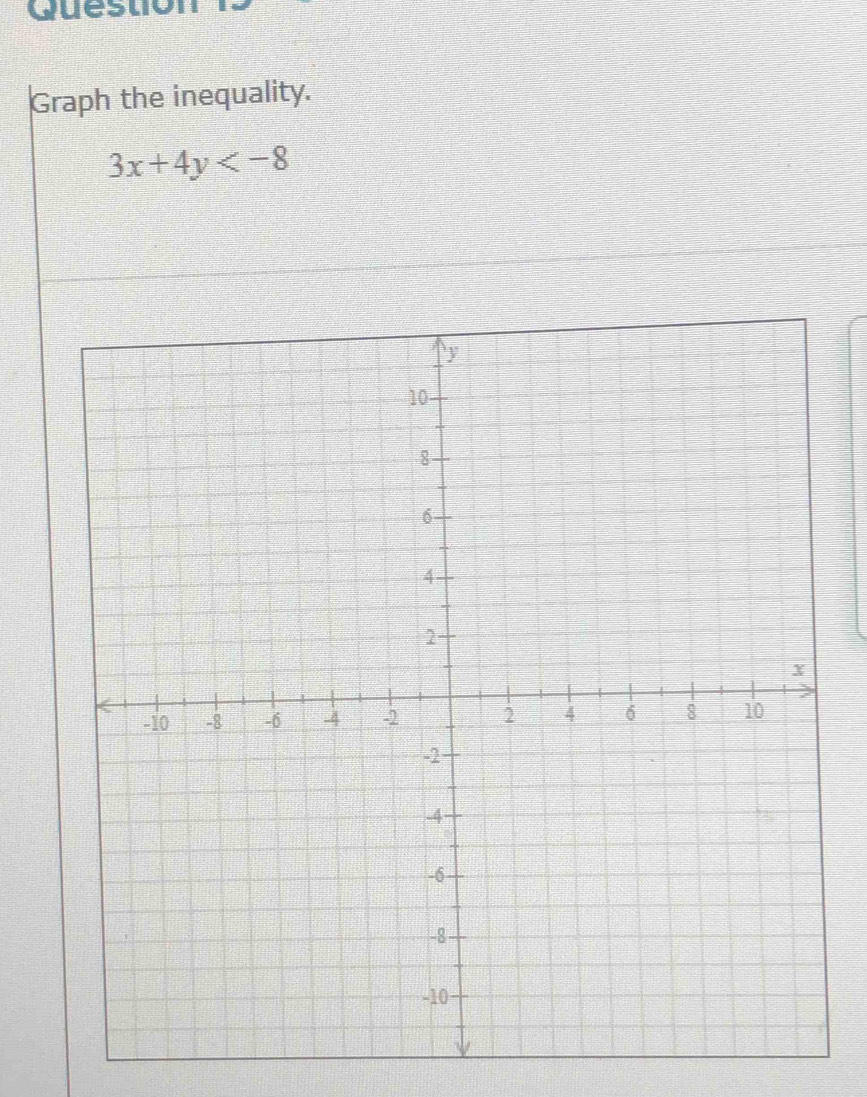 Questio 
Graph the inequality.
3x+4y