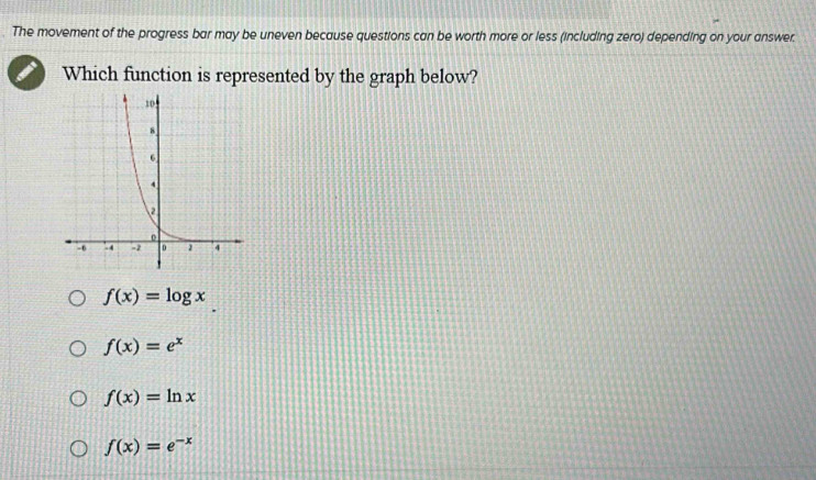 The movement of the progress bar may be uneven because questions can be worth more or less (including zero) depending on your answer.
Which function is represented by the graph below?
f(x)=log x
f(x)=e^x
f(x)=ln x
f(x)=e^(-x)